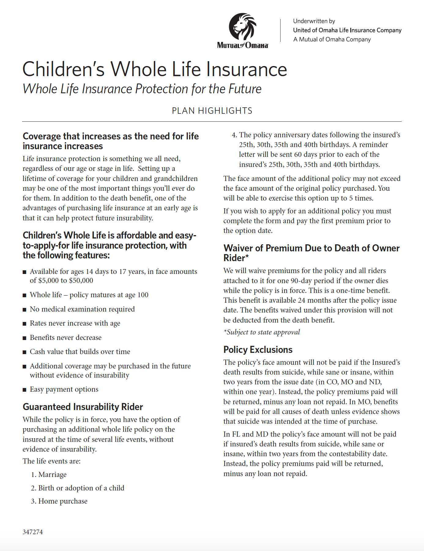 Children’s Whole Life Client Highlight Sheet